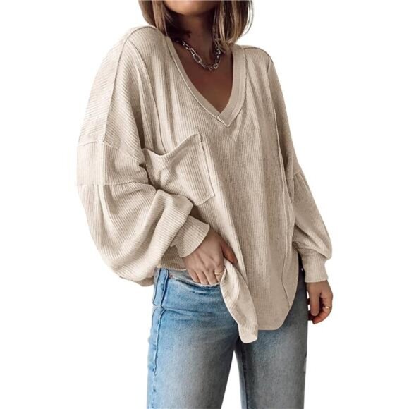 Women's Casual V-Neck Ribbed Knit Pullover - Loose Tunic Top - Picture 1 of 7